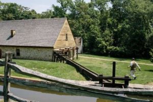 A re-creation of the grist mill and distillery at Mount Vernon, George Washington’s home in Virginia. Washington relied on six slaves to help run his rye whiskey distillery, one of the largest on the East Coast. 